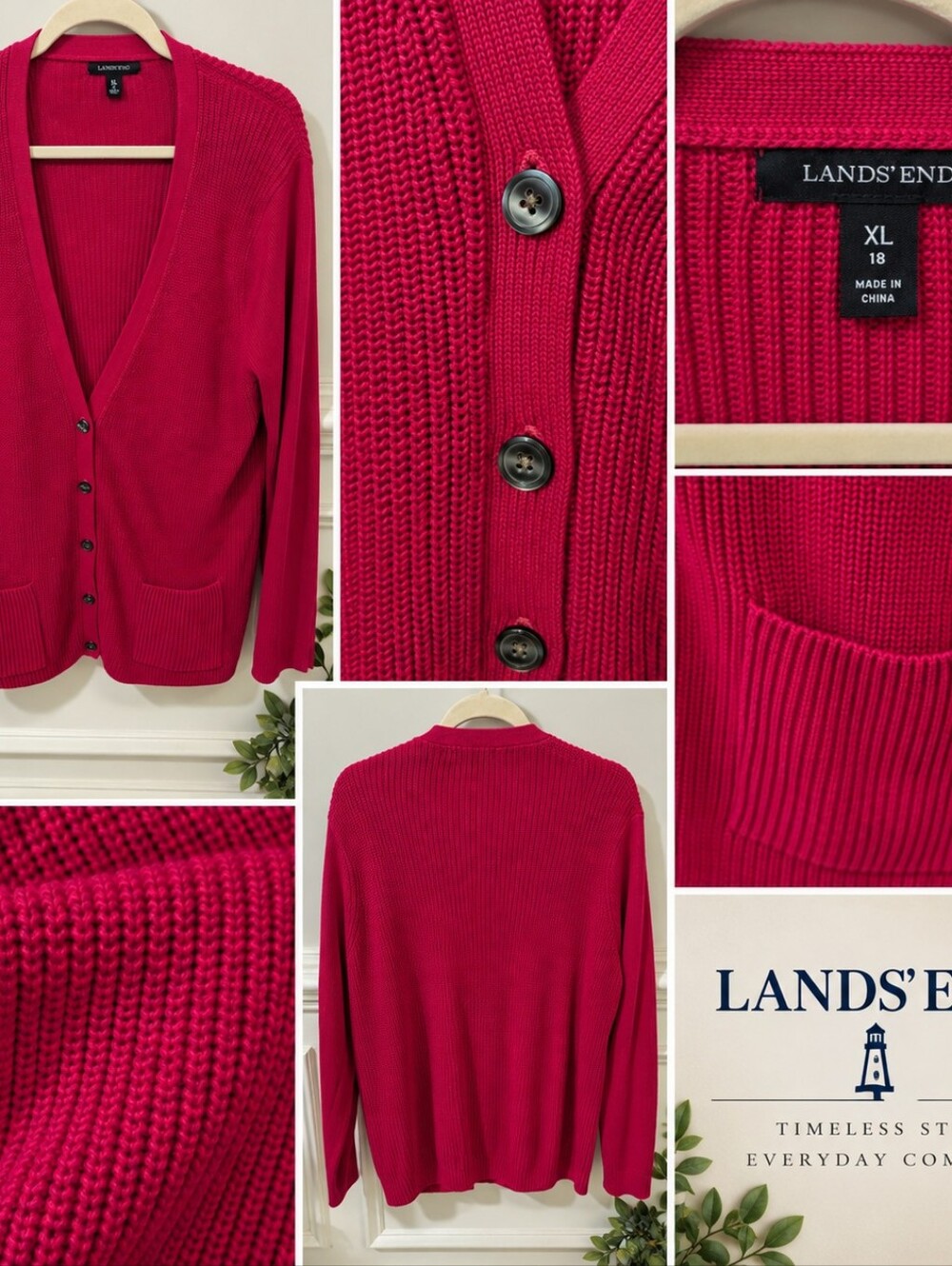 Lands' End Women's Bright Red Button-Up V-Neck Cardigan